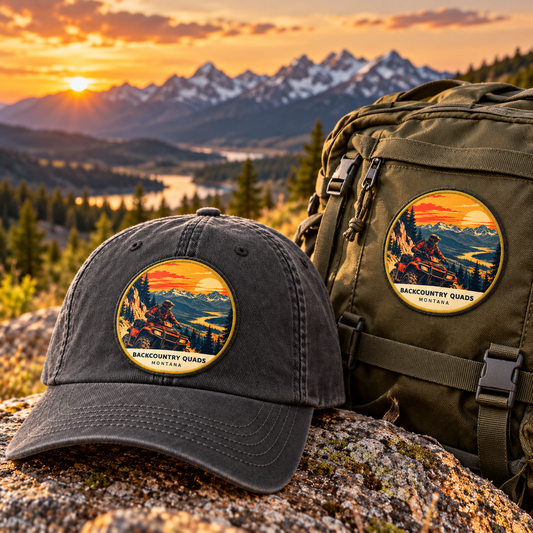 Backcountry Quads Montana Patch - Retro patch shown on a cap and hiking backpack