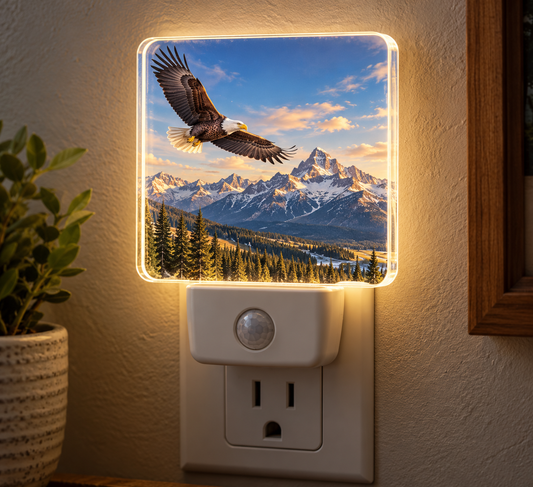 Illuminated acrylic motion-sensor nightlight with bald eagle and Big Sky mountains