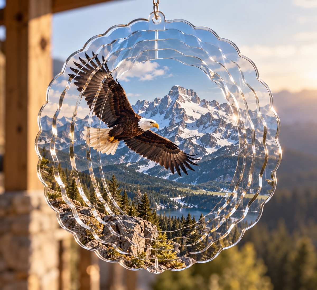 Dimensional clear acrylic wind spinner with bald eagle above Big Sky mountains