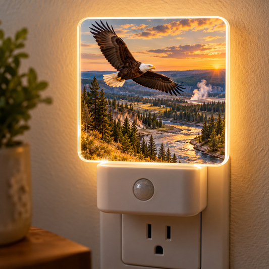 Illuminated acrylic motion-sensor nightlight with bald eagle over Yellowstone river valley