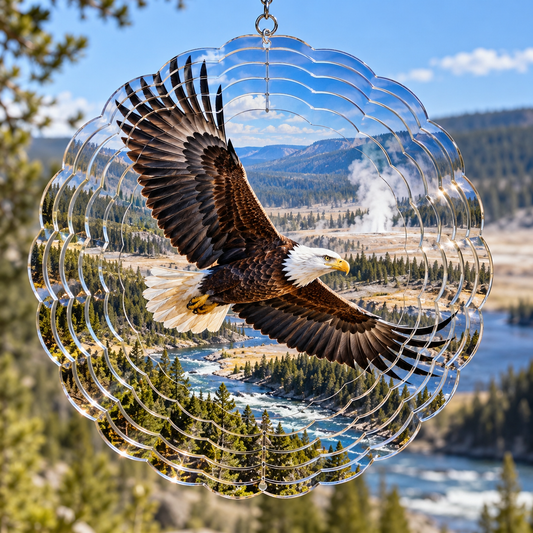 Dimensional clear acrylic wind spinner with bald eagle over Yellowstone river and geyser valley