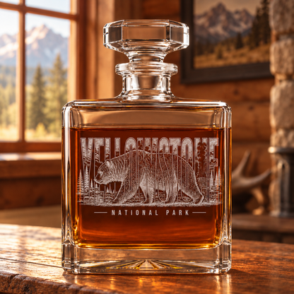 Yellowstone Grizzly Whiskey Decanter — lodge sideboard lifestyle