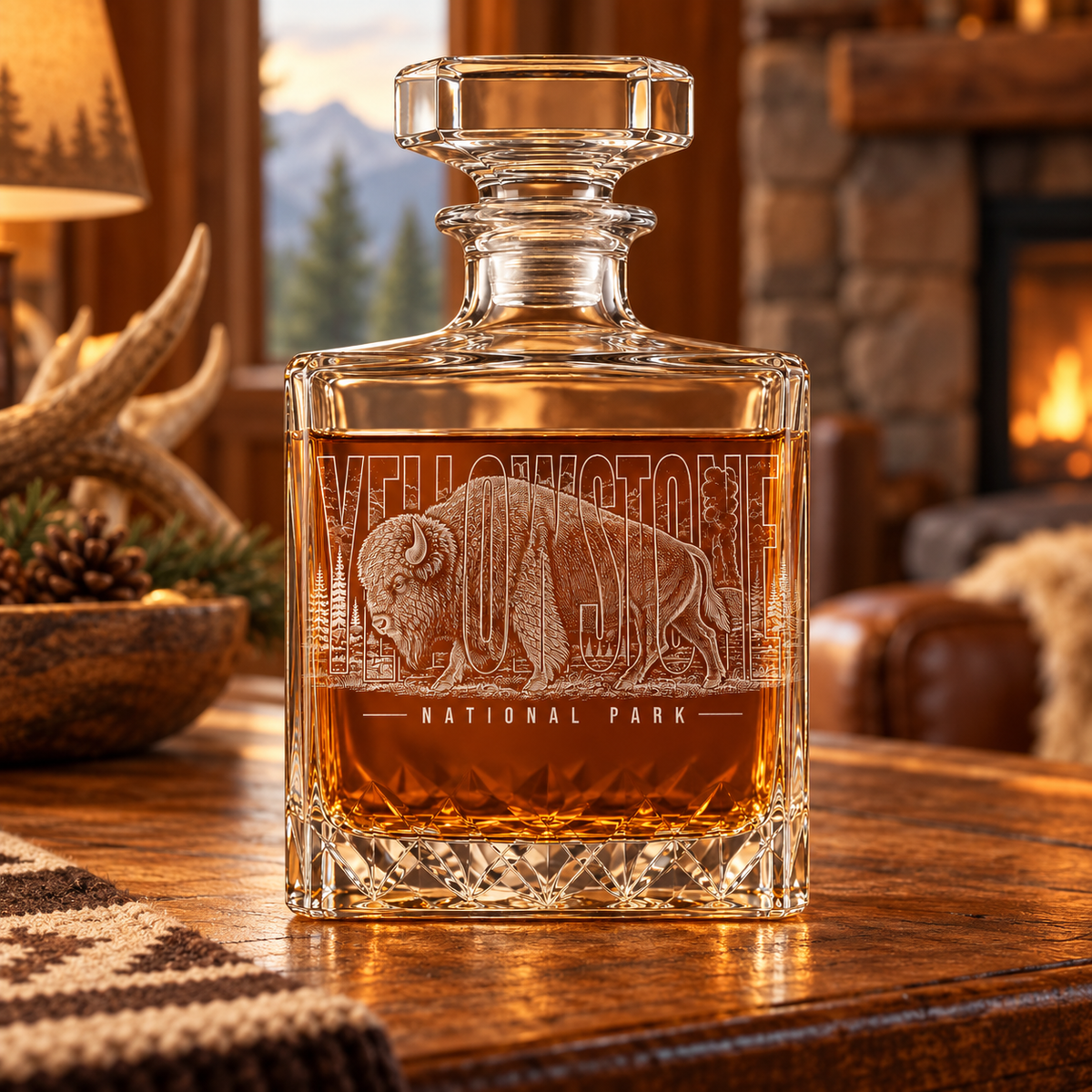 Yellowstone Bison Whiskey Decanter — lodge sideboard lifestyle