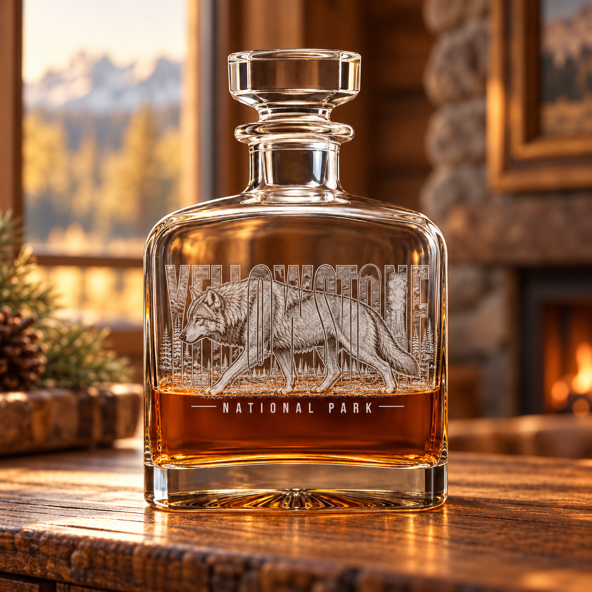 Yellowstone Wolf Whiskey Decanter — lodge sideboard lifestyle