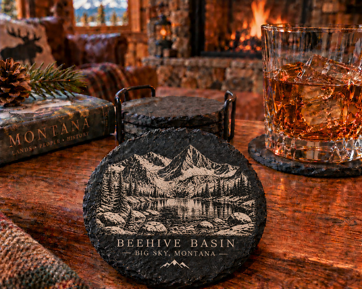 Beehive Basin Big Sky Montana engraved black slate coaster lifestyle