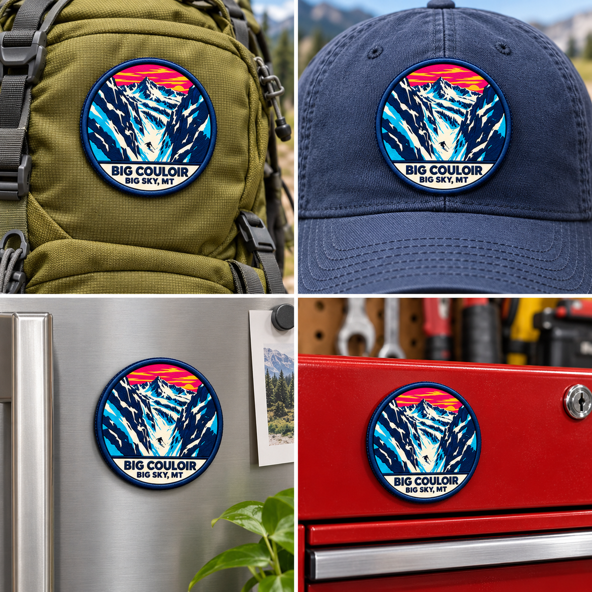 Big Couloir Big Sky collectible patch on a backpack and cap, and magnet on a refrigerator and toolbox.