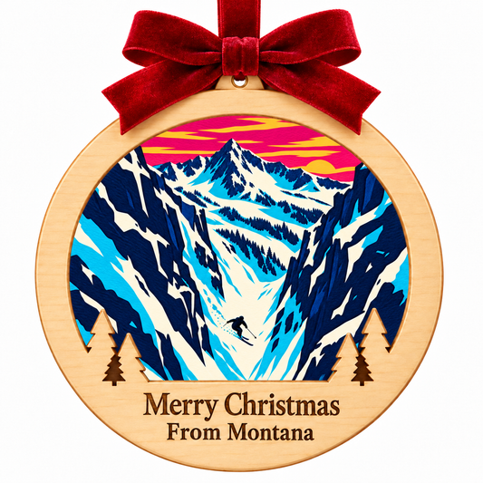 Big Sky Big Couloir Light-Up Ornament in the locked wood frame, with red bow and engraved Merry Christmas From Montana plaque