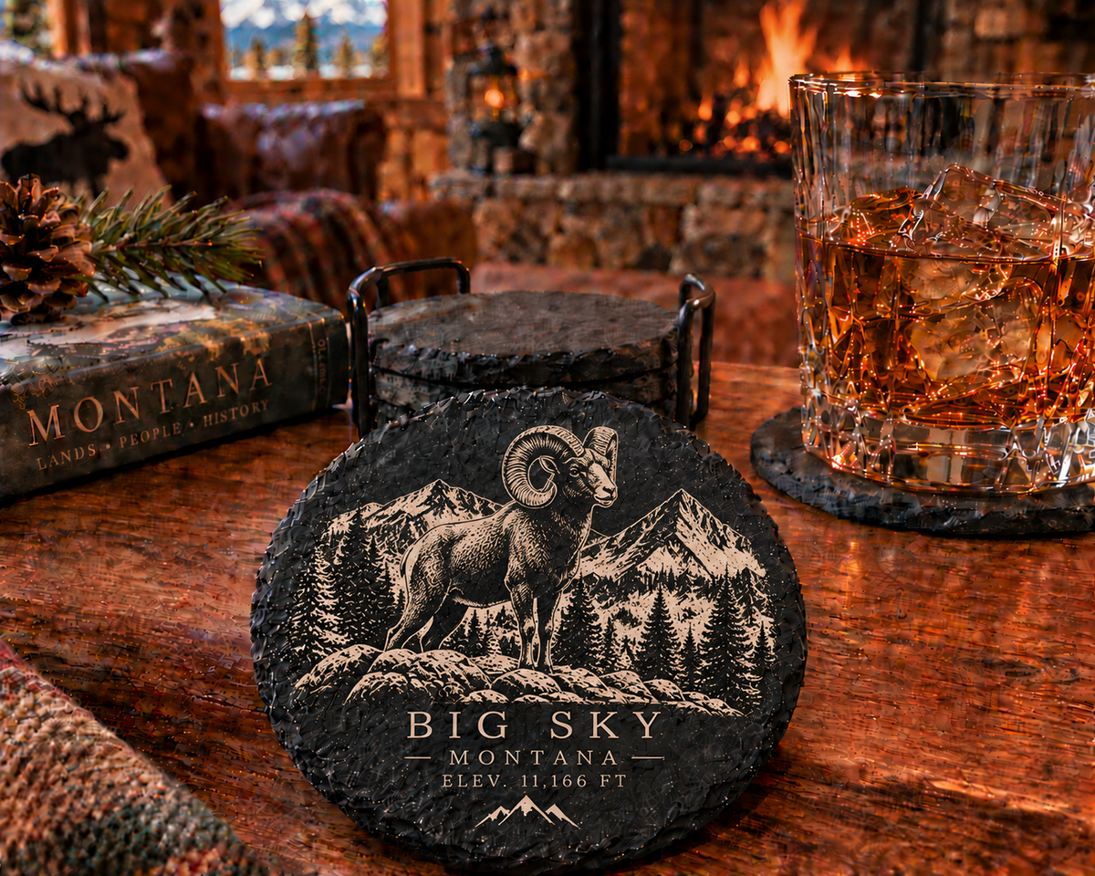 Big Sky Montana Bighorn Ram engraved black slate coaster lifestyle