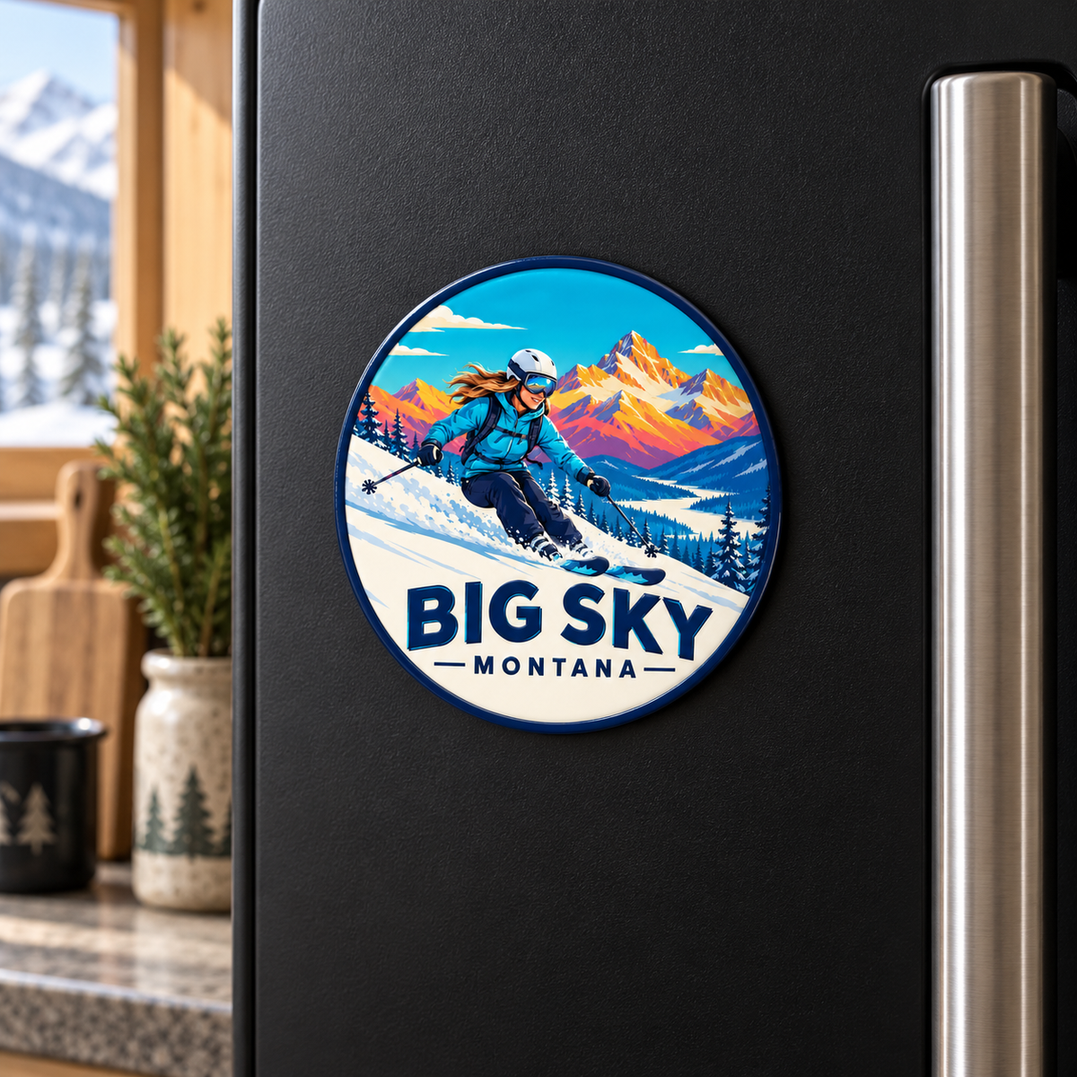 Lifestyle — refrigerator magnet: Big Sky Montana Girl Skier UV 3D collectible