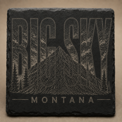 Full-face Big Sky Heritage engraving on a four-inch square slate coaster