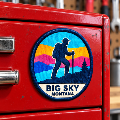 Lifestyle — Big Sky Montana Big Sky Hiker UV 3D collectible magnet on a red toolbox.