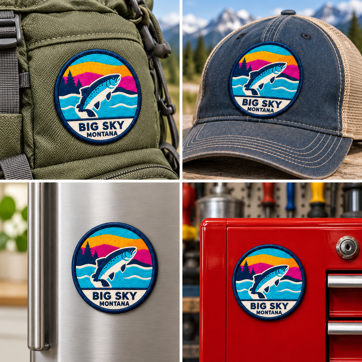 Big Sky Montana — Fly Fisherman UV 3D: patch on hiking backpack and cap, magnet on refrigerator and toolbox.