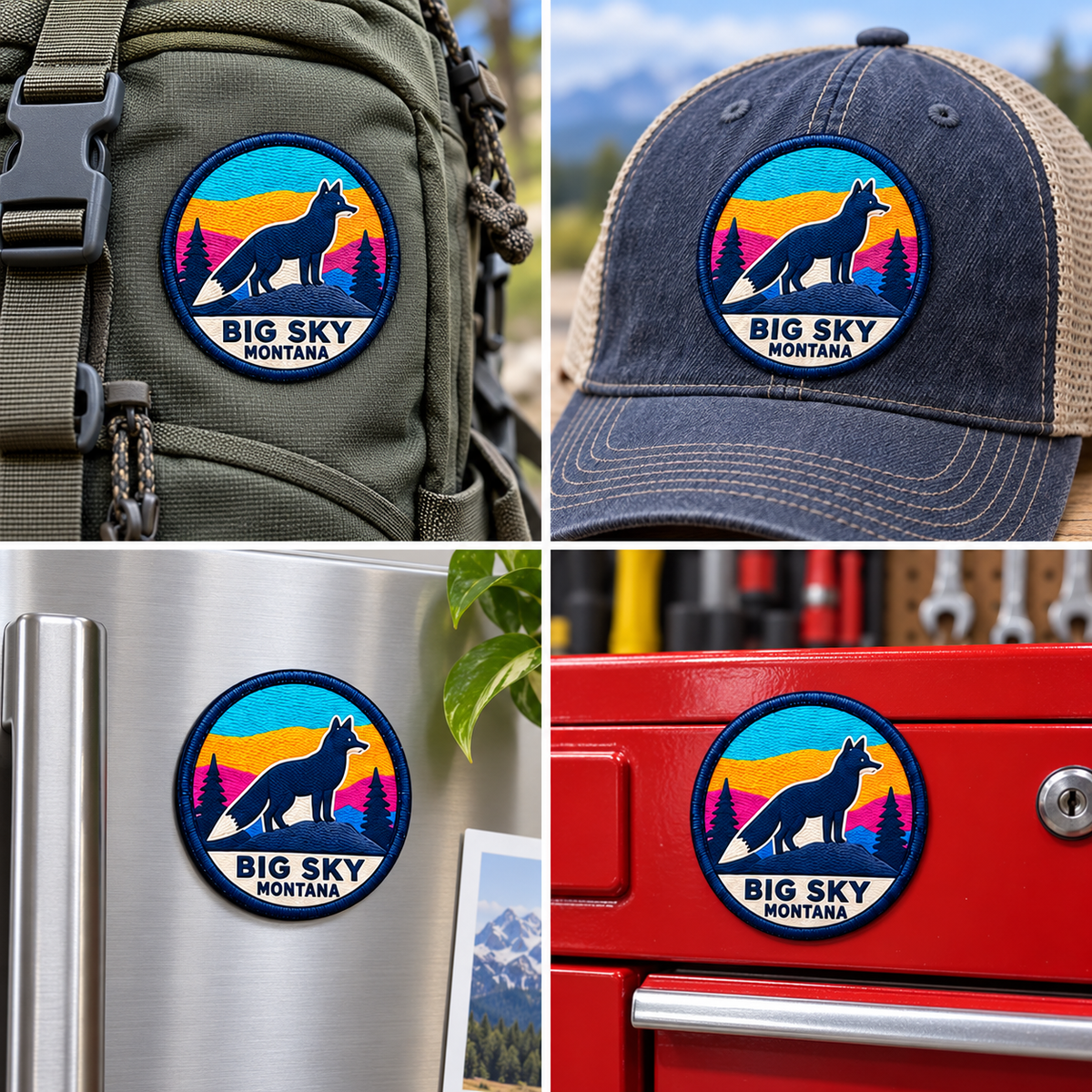 Big Sky Montana — Fox UV 3D: patch on hiking backpack and cap, magnet on refrigerator and toolbox.