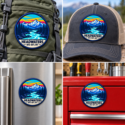 Big Sky Montana — Headwaters UV 3D: patch on hiking backpack and cap, magnet on refrigerator and toolbox.