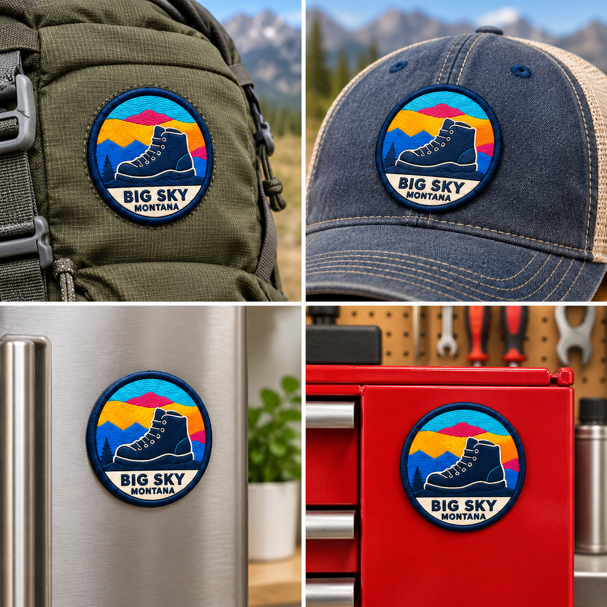 Big Sky Montana — Hiking Boot UV 3D: patch on hiking backpack and cap, magnet on refrigerator and toolbox.
