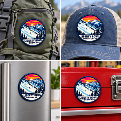 Big Sky Montana — Liberty Bowl UV 3D: patch on hiking backpack and cap, magnet on refrigerator and toolbox.