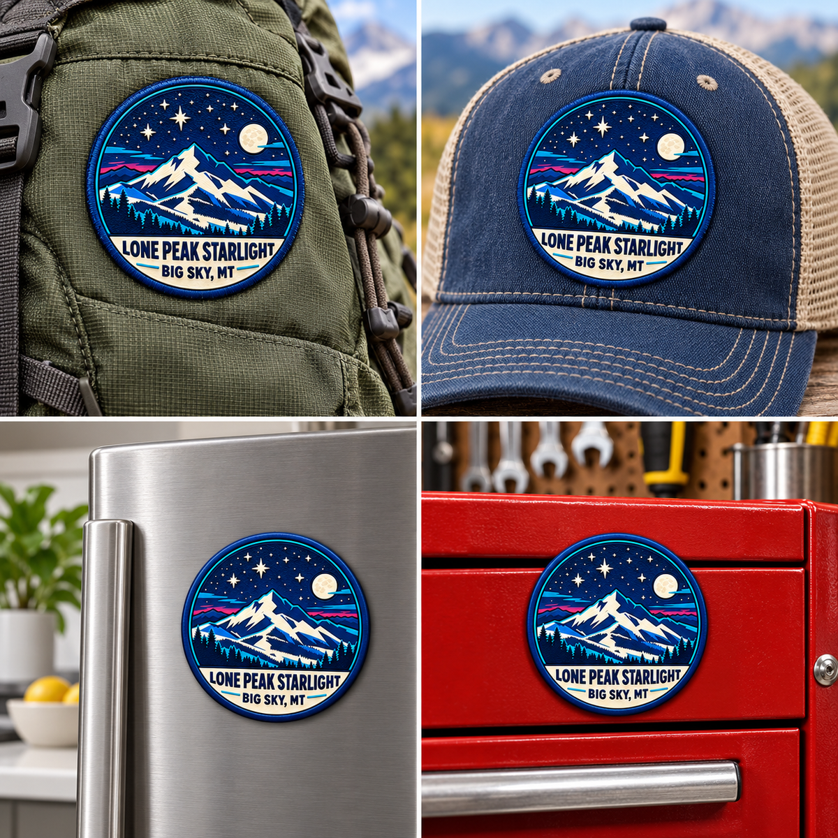 Big Sky Montana — Lone Peak Starlight UV 3D: patch on hiking backpack and cap, magnet on refrigerator and toolbox.