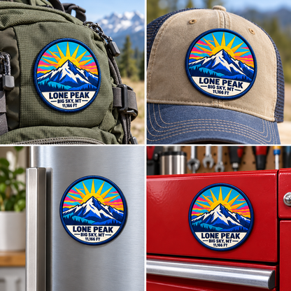 Big Sky Montana — Lone Peak UV 3D: patch on hiking backpack and cap, magnet on refrigerator and toolbox.