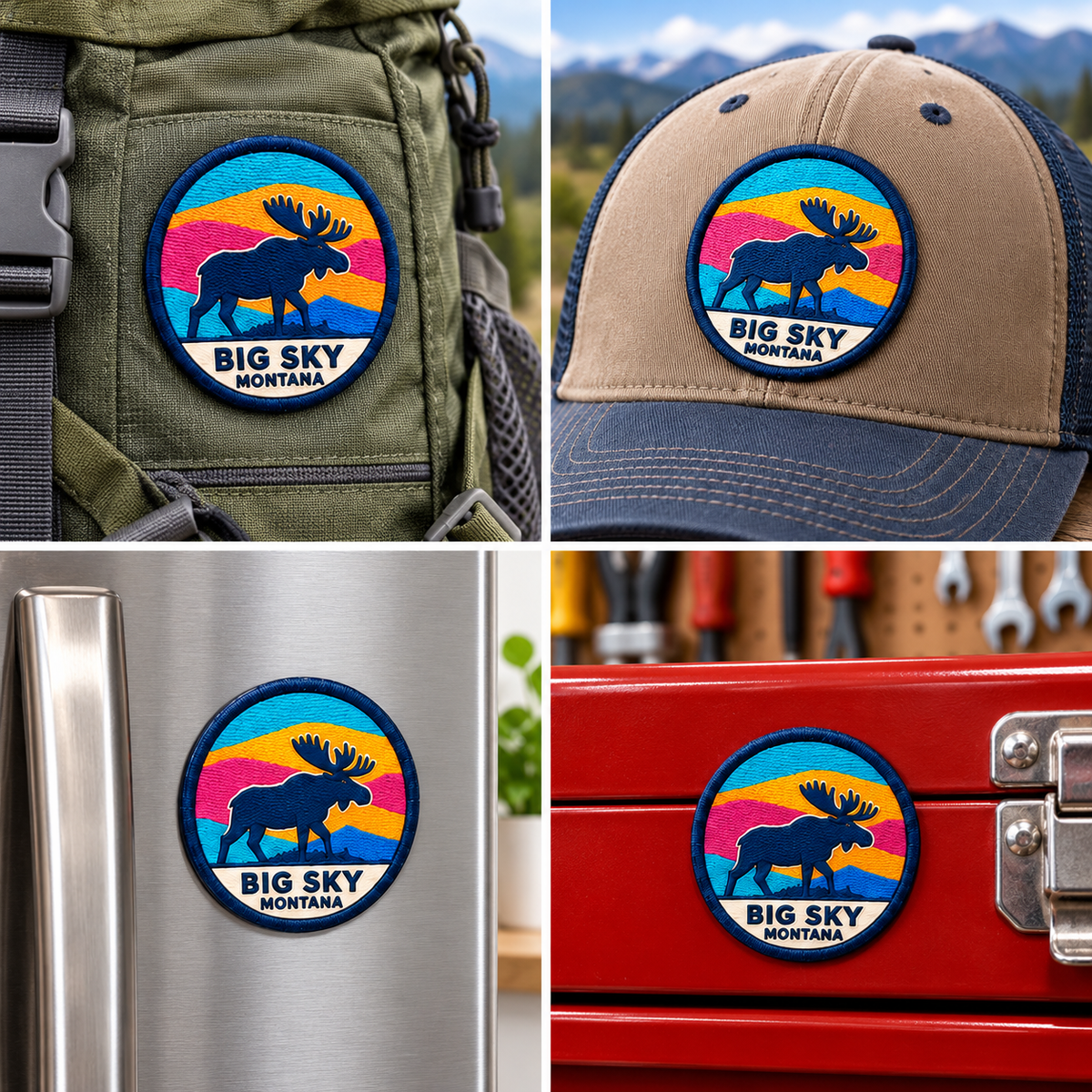 Big Sky Montana — Moose UV 3D: patch on hiking backpack and cap, magnet on refrigerator and toolbox.
