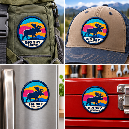 Big Sky Montana — Moose UV 3D: patch on hiking backpack and cap, magnet on refrigerator and toolbox.