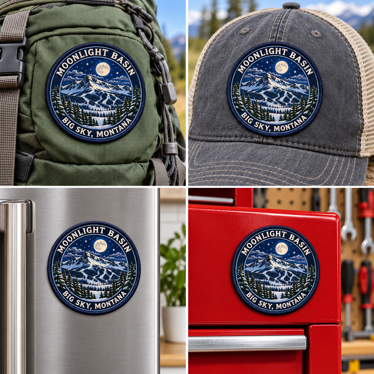 Big Sky Montana — Spanish Peaks UV 3D: patch on hiking backpack and cap, magnet on refrigerator and toolbox.