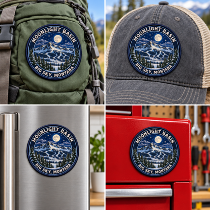 Big Sky Montana — Spanish Peaks UV 3D: patch on hiking backpack and cap, magnet on refrigerator and toolbox.