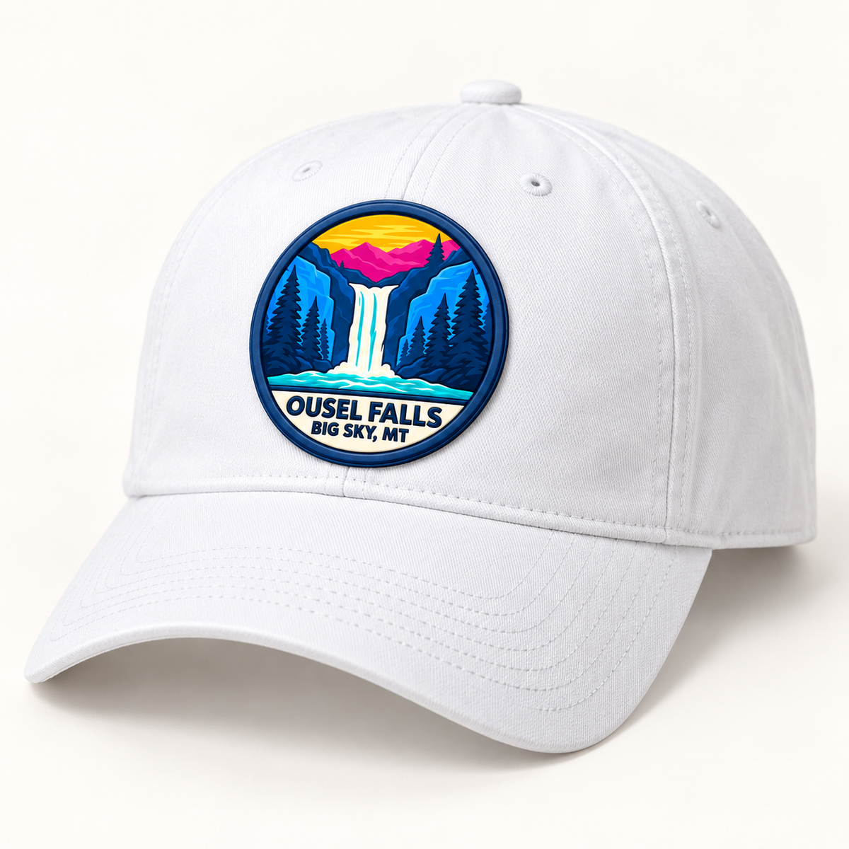Lifestyle — white baseball cap with Ousel Falls Big Sky MT raised UV-print collectible patch