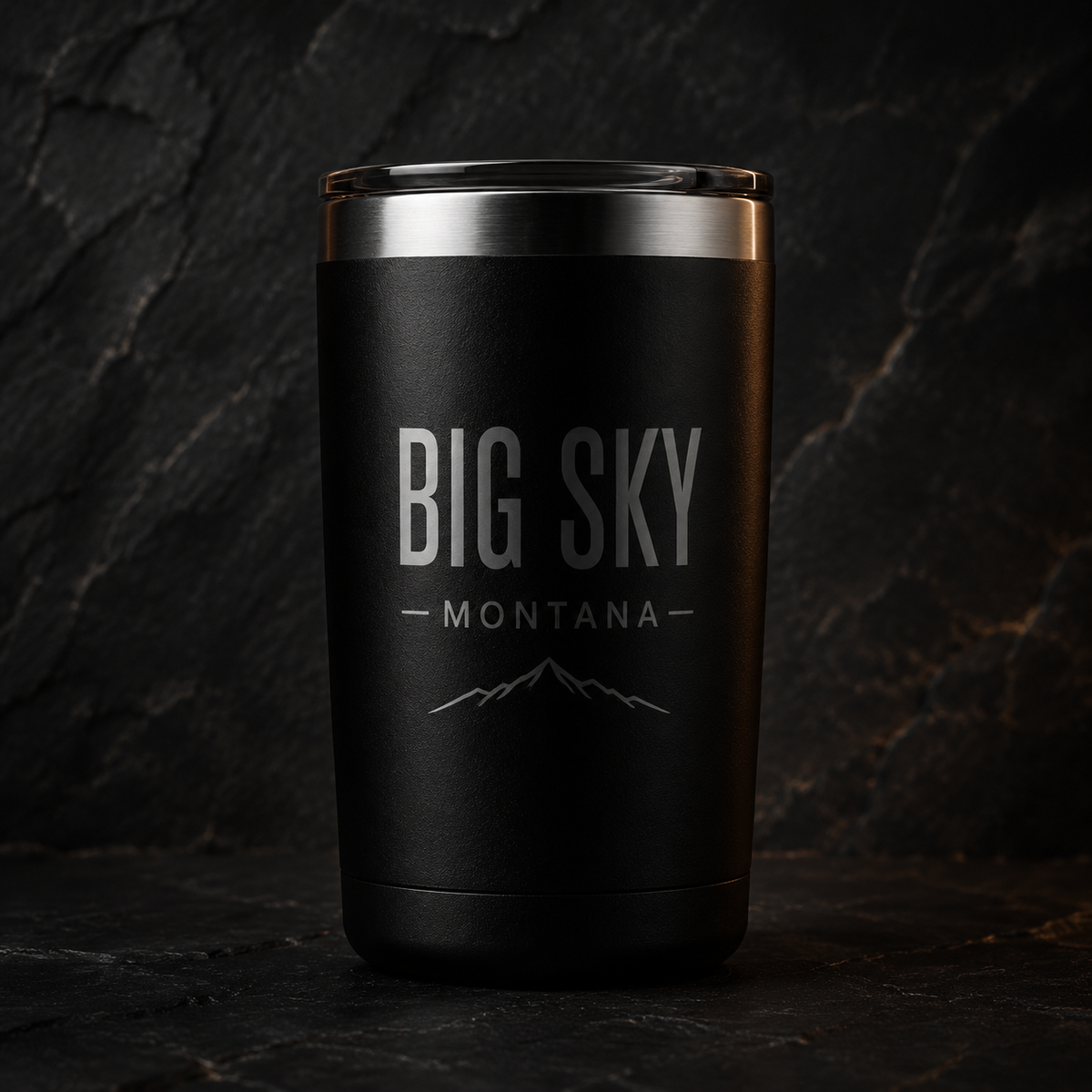 Big Sky Shadow matte-black 20 oz tumbler with tonal Lone Peak engraving