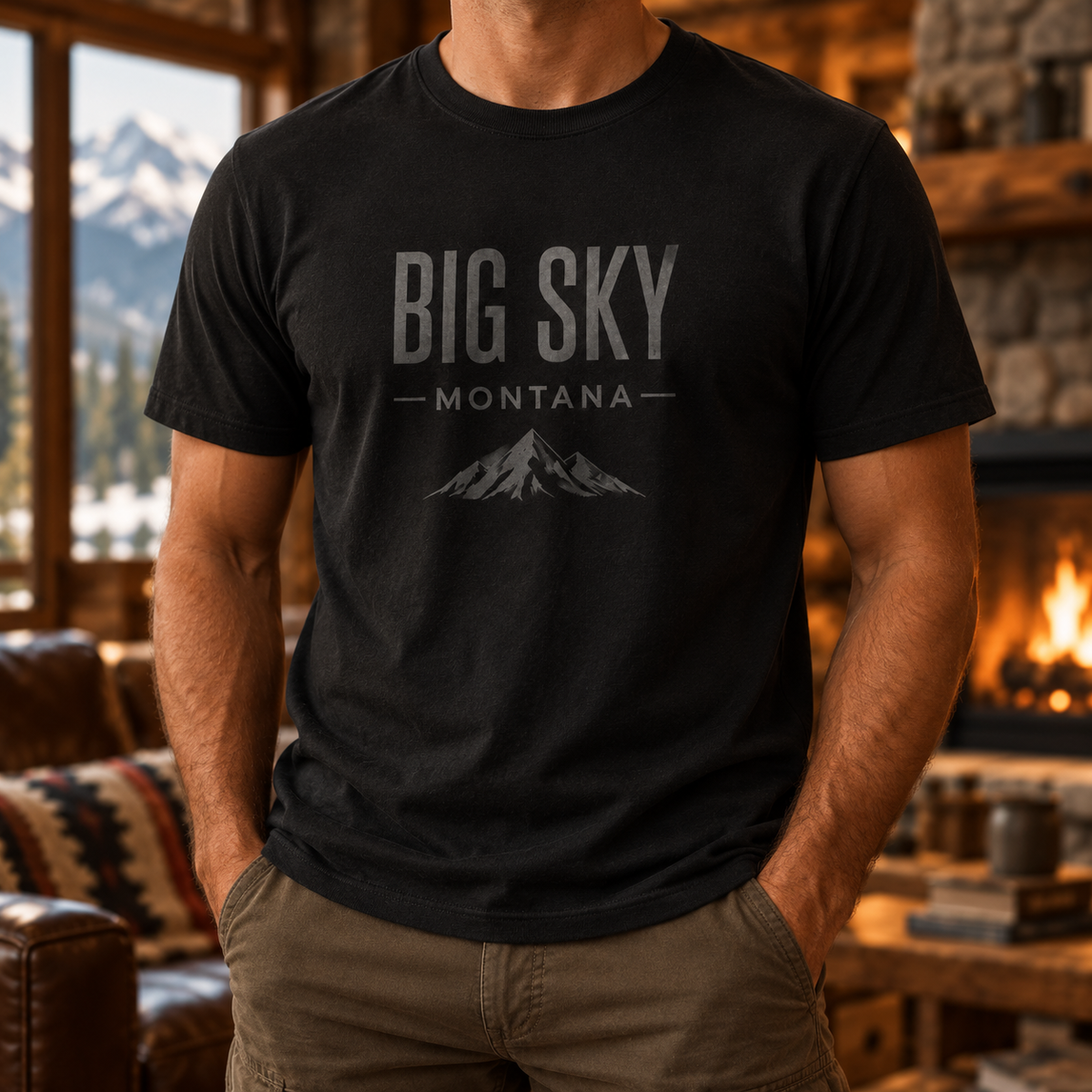 Black Big Sky Montana T-shirt modeled in a mountain lodge