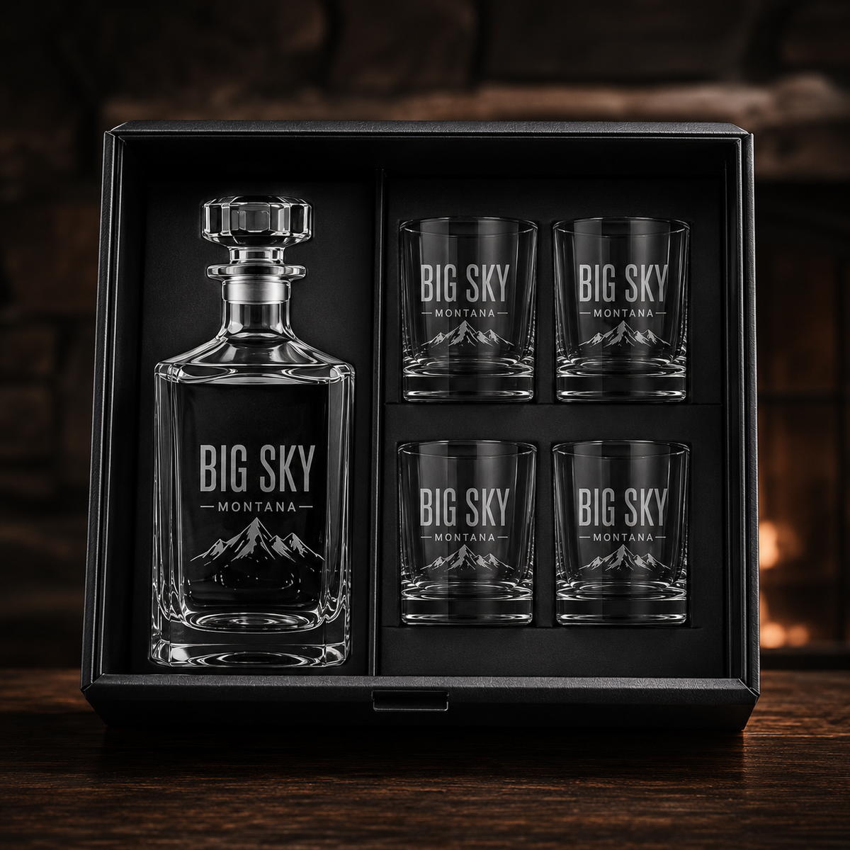 Big Sky Shadow Decanter Gift Set with tonal Lone Peak mark