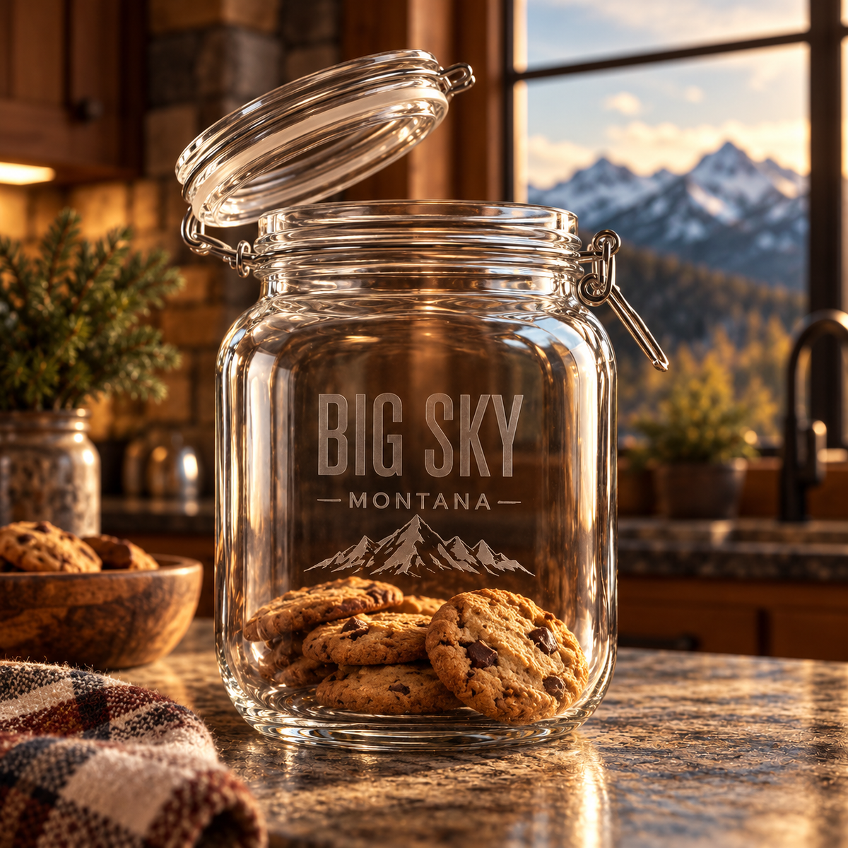 Big Sky Shadow hinged cookie jar filled with cookies on a lodge kitchen counter