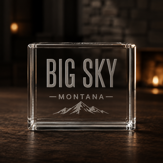 Big Sky Shadow K9 Crystal Paperweight with tonal Lone Peak engraving