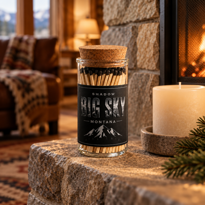Big Sky Shadow matchstick jar on a stone hearth beside a candle in a mountain lodge