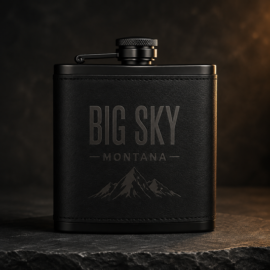 Big Sky Shadow black leather-wrapped 8 oz flask with tonal Lone Peak engraving