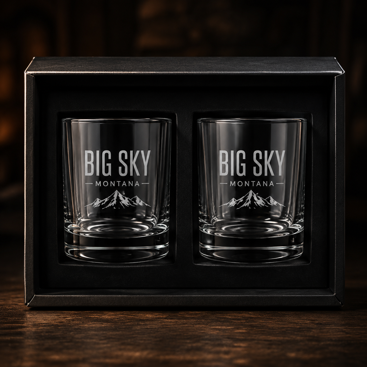 Big Sky Shadow Rocks Glass Gift Set with tonal Lone Peak mark
