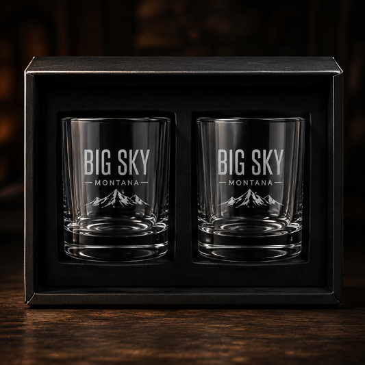 Big Sky Shadow Rocks Glass Gift Set with tonal Lone Peak mark