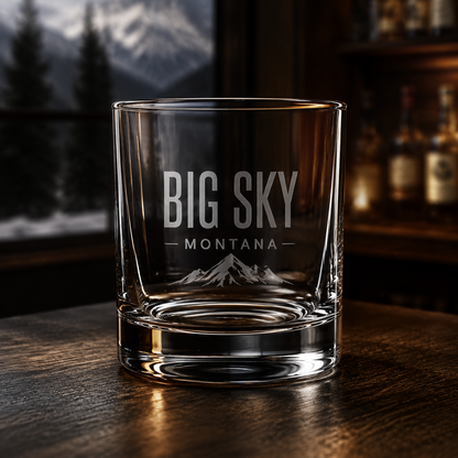 Big Sky Shadow 11 oz rocks glass with tonal Lone Peak engraving