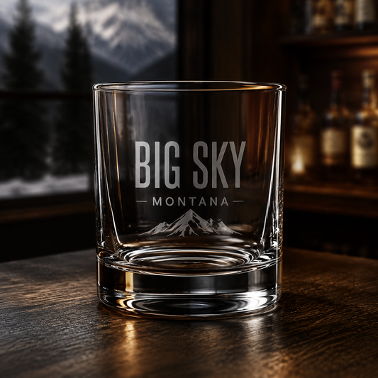 Big Sky Shadow 11 oz rocks glass with tonal Lone Peak engraving