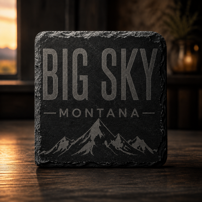 Full-face Big Sky Shadow engraving on a four-inch square slate coaster