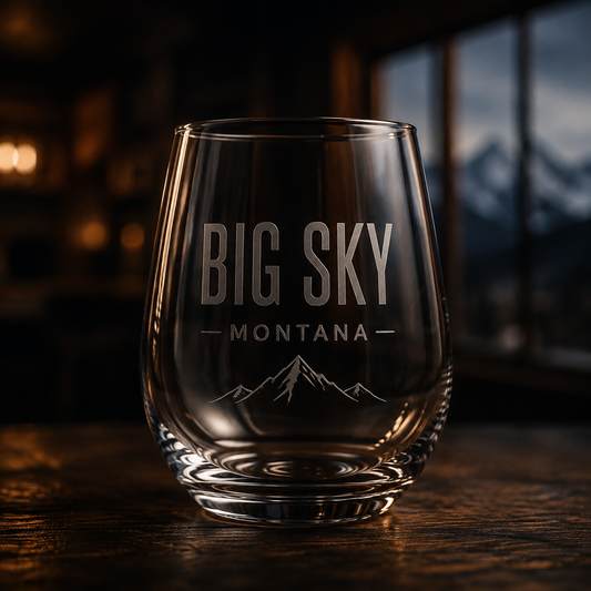 Big Sky Shadow Stemless Wine Glass with tonal Lone Peak engraving