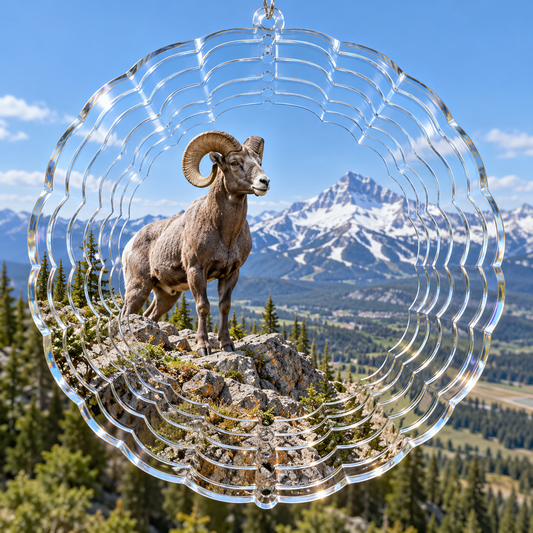 3D clear acrylic spinner with bighorn ram above Big Sky