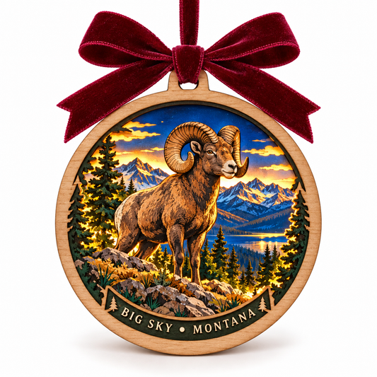 Big Sky Montana — Bighorn Ram light-up ornament in the original simple natural-wood frame with burgundy bow