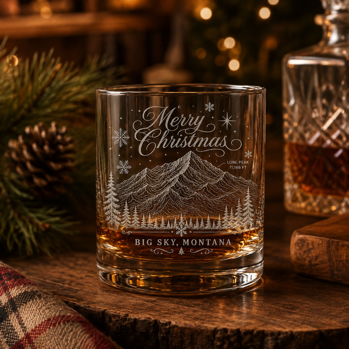 Big Sky Merry Christmas Lone Peak rocks glass at a lodge holiday bar