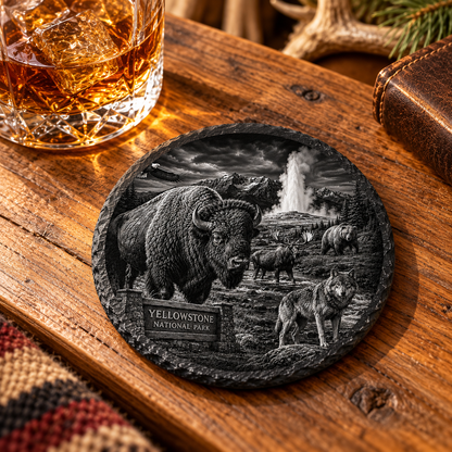 Yellowstone National Park Collection Slate Coaster — lifestyle view of the engraved black slate coaster on a lodge table.