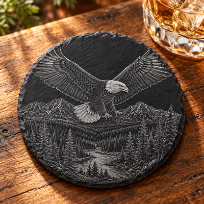 Yellowstone Bald Eagle Slate Coaster — lifestyle view of the engraved black slate coaster on a lodge table.
