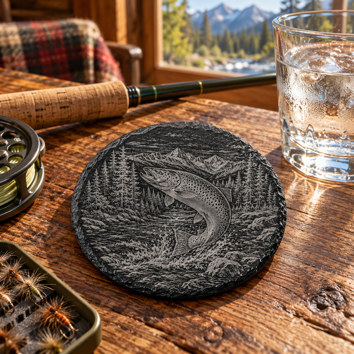 Cutthroat Trout Slate Coaster — lifestyle view beside fly-fishing gear.