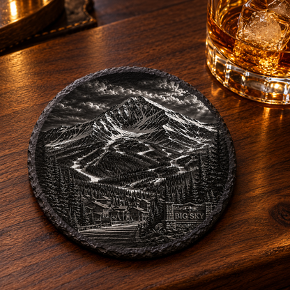 Lone Peak From Base Slate Coaster — lifestyle view of the engraved black slate coaster on a lodge bar.