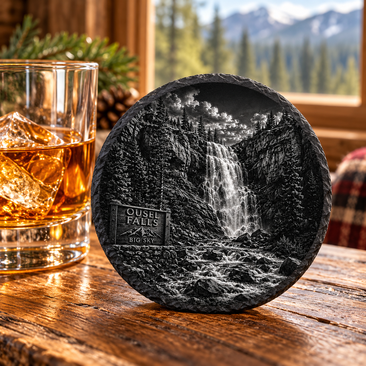 Ousel Falls Slate Coaster — lifestyle view of the engraved black slate coaster on a lodge table.