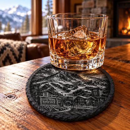Big Sky Base Area Slate Coaster — lifestyle view of the engraved black slate coaster on a lodge table.