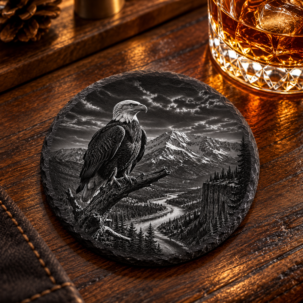 Big Sky Bald Eagle Slate Coaster — lifestyle view of the engraved black slate coaster on a lodge bar.